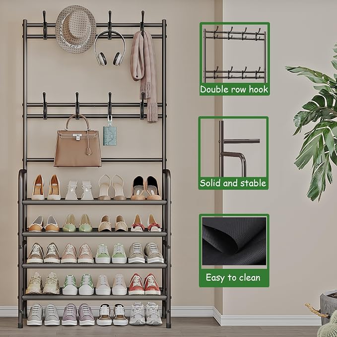 4 Tier Coat and Shoe Rack Entryway Coat Rack with 8 Hooks Shoes Organizer for Living Room Bedroom Office Brown - Image 5