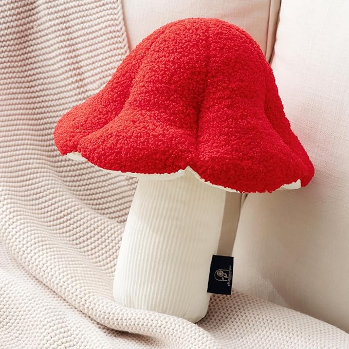 Phantoscope Mushroom Shaped Throw Pillow, Teddy Fleece Soft Mushroom Decorative Pillows Cute 3D Shaped Cushion for Couch Sofa Bed Chair, Red,16 x 14 inches