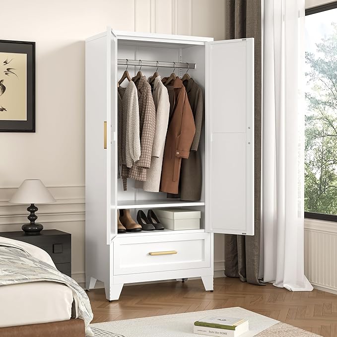 LCAOPC 71" Tall Metal Wardrobe Cabinet with Drawer and Hanging Rod, 2 Doors Armoire Wardrobe Closet with Shelf for Bedroom, Office, Laundry Room, White