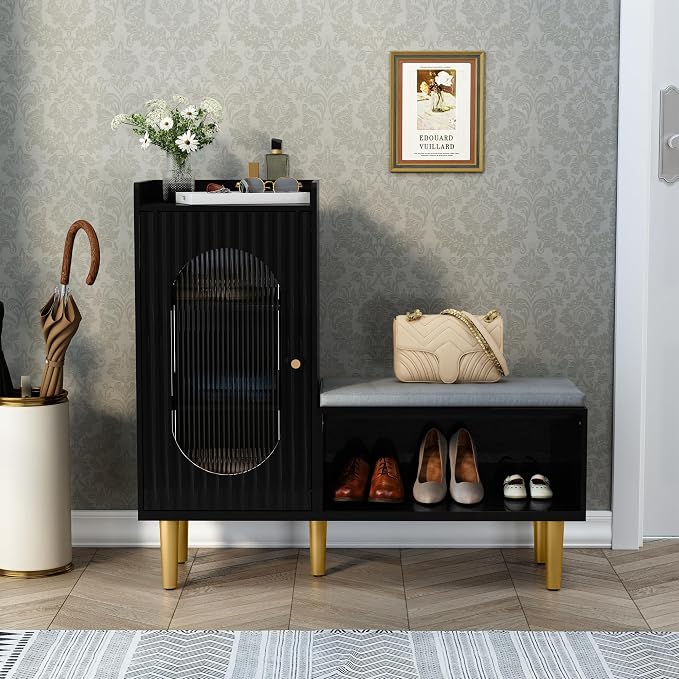 HLR Storage Bench with Glass Door&Shelf, Modern Entryway Shoe Cabinet Bench with Padded Seat, L-Shaped Storage Cabinet for Hallway, Bedroom, Living Room, Office, Black by HomeDeservesaRelaxLiving