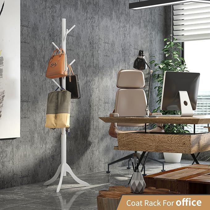 Coat Rack Freestanding, Coat Stands Entryway, Bamboo Coat Rack Hat Hanger 8 Hook for Jacket, Purse, Scarf Rack, Umbrella Tree Stand (White) - Image 5