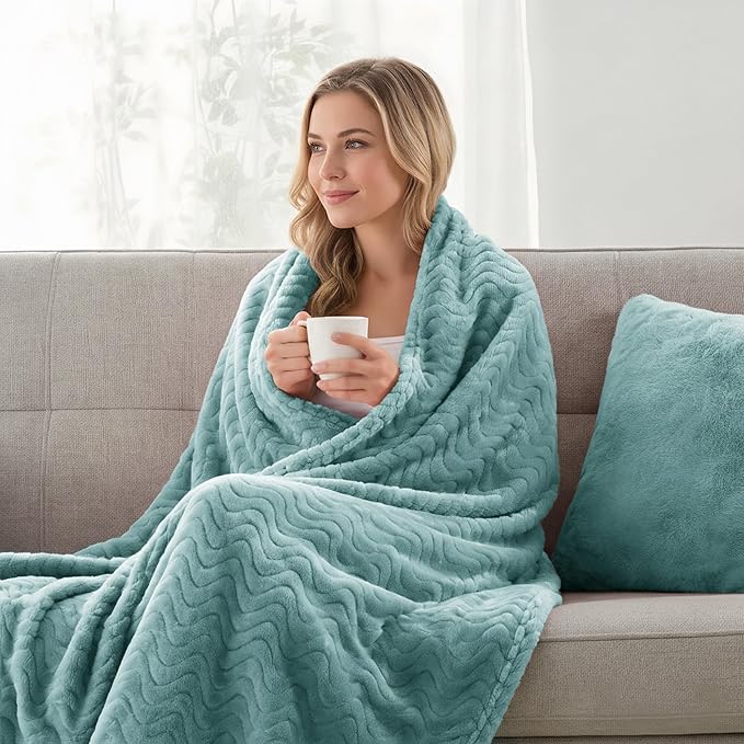 Exclusivo Mezcla Fleece Throw Blanket for Couch, Cozy Lightweight Blankets for All Season, Decorative Giftable Fuzzy Plush Wave Textured Throws for Women, Men, Celadon, 50x70 Inches