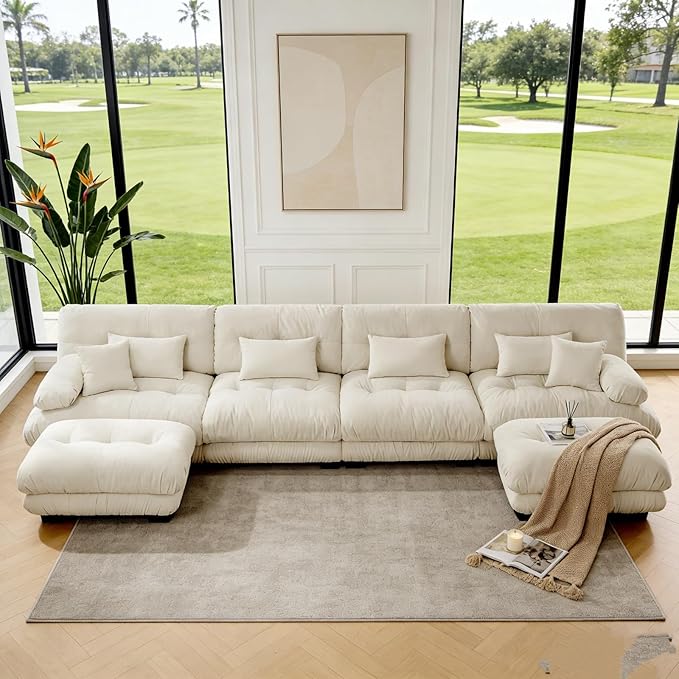 173.2" U-Shaped Cloud Couch, Oversized Modular Sectional Sofa, Deep Seat Cloud Boneless Couch, 4-Seat Modular Sectional Sofa with 2 Ottoman or Living Room,Bedroom and Apartment, Light Coffee
