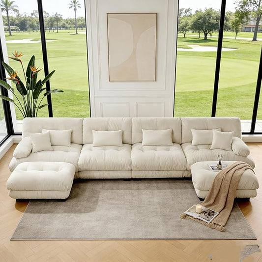 173.2" U-Shaped Cloud Couch, Oversized Modular Sectional Sofa, Deep Seat Cloud Boneless Couch, 4-Seat Modular Sectional Sofa with 2 Ottoman or Living Room,Bedroom and Apartment, Light Coffee