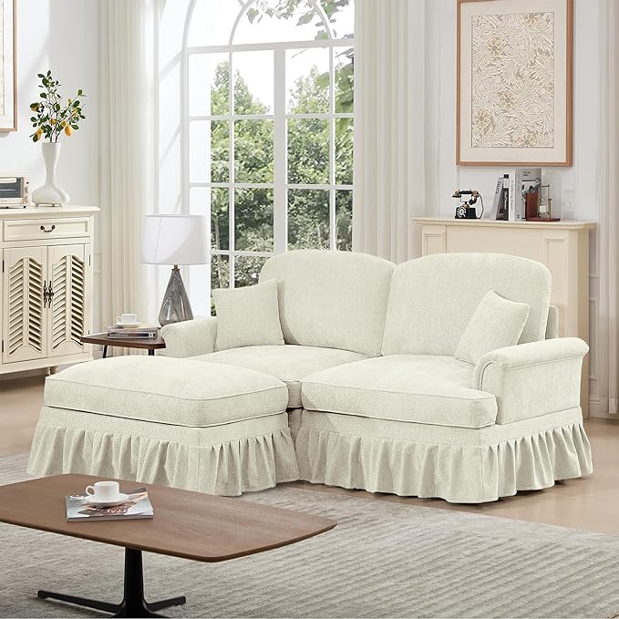 KEIKI Mid Century Modular Sofa with Flared Arms and Skirted Design, 76" Loveseat with Ottoman Chenille L-Shaped Sectional Couches for Living Room, Small Home Comfy Chaise Lounge Indoor, Beige White