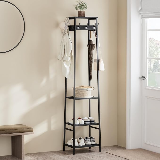 Coat Rack Freestanding, Coat Stand with 3 Shelves and 7 Hooks, Hall Tree Free Standing, Clothes Rack Stand Organizer for Bedroom, Hallway, Entryway, Living Room, Industrial Style, Black - Image 5