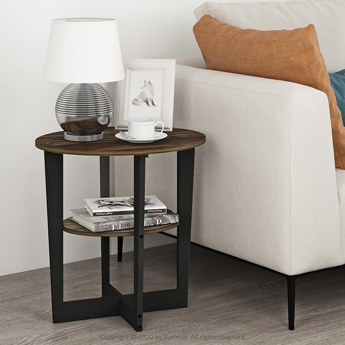 Furinno JAYA Side Table Set of 2, 2-Tier Round Modern End Table with Oval Tabletop, Night Stand, Bedside Table with Open Shelf, for Living Room, Bedroom, Columbia Walnut - Image 2