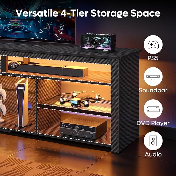 Bestier Tall TV Stand for 75 inch TV, LED Entertainment Center, Gaming TV Console with Storage for PS5, Modern TV Cabinet for Bedroom, Living Room, Black Carbon Fiber - Image 5