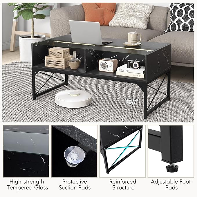 Giantex LED Coffee Table, High Gloss Coffee Tables with 4 Storage Cubes, 20-Color Lights, Remote Control, Faux Marble & Tempered Glass Top, Modern Accent Rectangle Center Table for Living Room (Black)