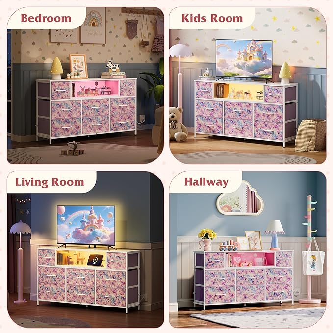 WLIVE Dresser TV Stand for 45, 50, 55 inch TV, Entertainment Center with LED Lights & Charging Station, Chest of Drawers with 8 Fabric Drawers for Living Room, Tie-dye Print (Pink, Purple, Blue) - Image 3