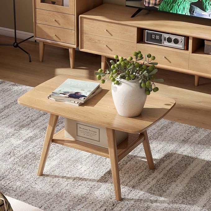 100% Solid Oak Wood Coffee Table for Living Room, Small Table with Shelf Storage, Mid Century Modern Coffee Tables with Rounded Corners for Home (Natural, 31.49" x 19.68" x 17.32")