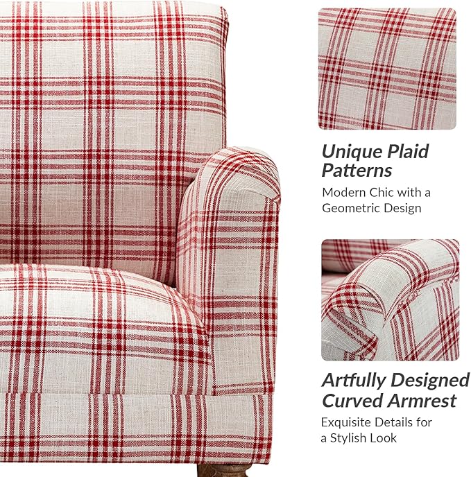 HULALA HOME Modern Accent Chair with Arms and Wooden Legs, Comfy Upholstered Armchair for Bedroom Living Room, (Plaid Pattern, Red)