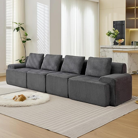 Modular Sectional Sofa, 6 Seat Modular Couch, Modular Sofa with Deep Seat and Detachable Pillow (Grey, 4 Pieces-Rowshape)