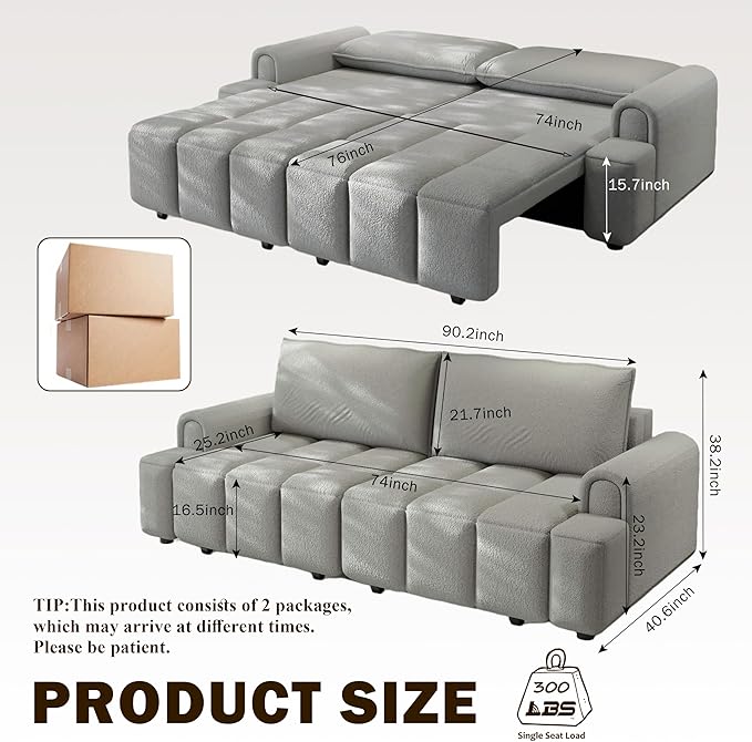 KEIKI 90.2" Space-Saving Convertible Sofa Bed – 3-in-1 Sleeper Couch with Deep Seats Storage, Modern Teddy Fabric Sofa for Apartment, Small Spaces, Studio Living, Multifunctional Sofa Bed with Wheels