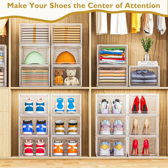 7 code Large Clear Shoe Boxes Organizer【Thicker Material】 Stronger Shoe Box with Magnetic Door, Stackable Shoe Storage Box for Closet, Foldable Space-Saving Storage Bins Shoe Cabinet, White 9 Pack - Image 2