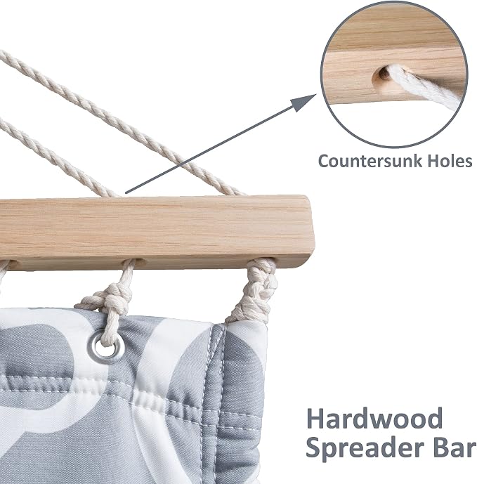 SUNCREAT Double Quilted Hammock with Hardwood Spreader Bar, Extra Large Soft Pillow, Heavy Duty 2 Person Hammock for Indoor, Outdoor, Grey Pattern - Image 5
