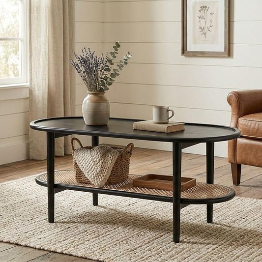 Black 2-Tier Oval Coffee Table with Rattan Storage Shelf, Modern Boho Cane Wicker Coffee Table for Living Room, Minimalist Wooden Accent Table for Entryway