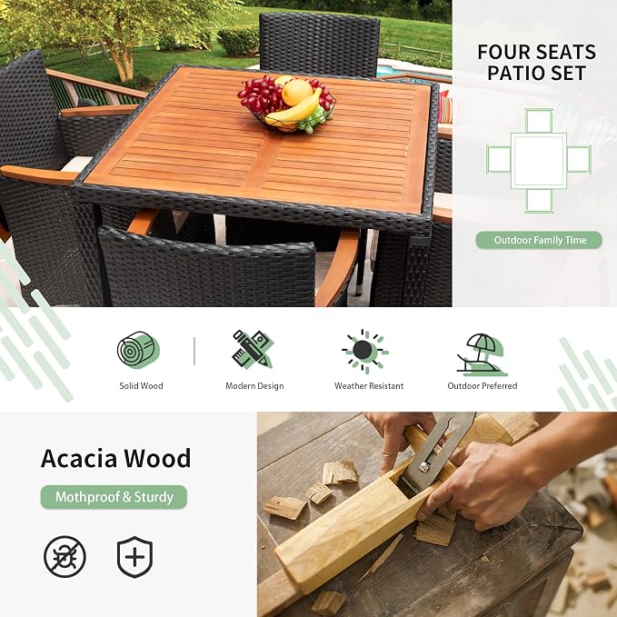 Flamaker 5 Piece Patio Dining Set Outdoor Acacia Wood Table and Chairs with Soft Cushions Wicker Patio Furniture for Deck, Backyard, Garden - Image 5