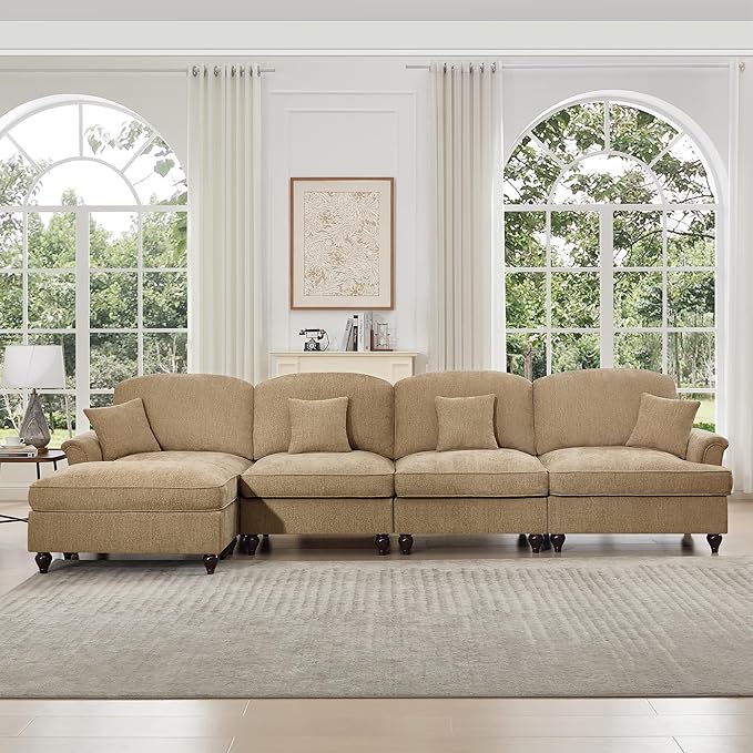 KEIKI Mid Century Modular Sofa with Flared Arms and Skirted Design, 137“ Oversized 4-Seater with Ottoman Luxury Chenille L-Shaped Sectional Couches for Living Room, Chaise Lounge Indoor, Light Coffee