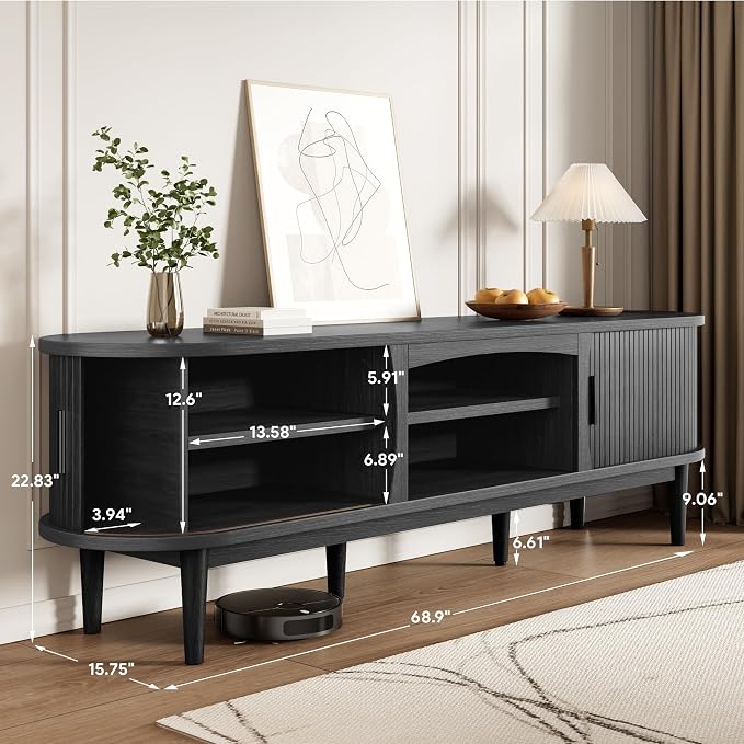 Decofy Mid Century TV Stand for TVs up to 80 Inches, Entertainment Center with Storage, Power Outlet, Fluted Sliding Doors & Adjustable Shelves, Modern Media TV Console Table for Living Room (Black) - Image 2