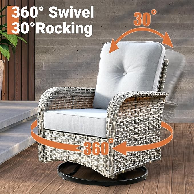 ovios 9 Piece Patio Sectional Furniture with Swivel Rocking Chairs, Rattan Wicker Coversation Set with Glowing Coffee Table, Outdoor Sofa Set for Outside Porch Balcony Backyard Pool, Light Grey