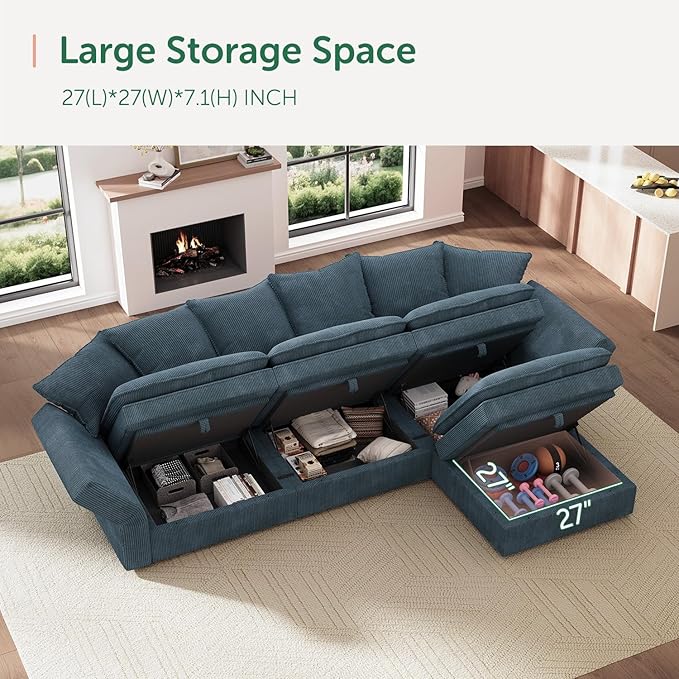 HONBAY Corduroy Ottoman, 31.5 Inch Square Ottoman Bench with Storage for Living Room, Blue