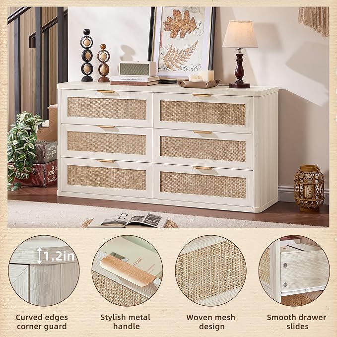 LEYAOYAO Boho Dresser for Bedroom, 6 Drawers Rattan 54" White Dressers Chest of Drawers, Dresser TV Stand, Dressers Closet Organizer for Living Room, Hallway - Image 5