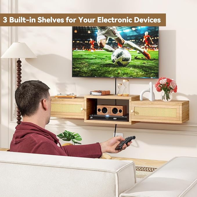 IBUYKE Modern Rattan Floating TV Stand with Doors,Wall Mounted TV Shelf for TVs up to 55 Inches,Media Console Entertainment Center for Under TV Storage Cabinet for Living Room Bedroom,Natural UWST012N - Image 2
