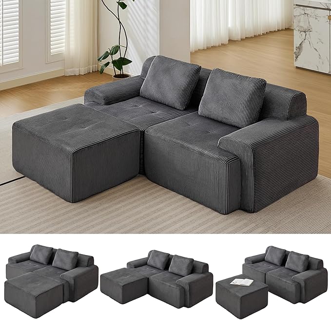 Modular Sectional Sofa, Boneless Couches for Living Room, Corduroy Couch, Big Comfy Couch, Modular Cloud Sofa with Deep Seat (Grey, 3 Pieces-L Shape)