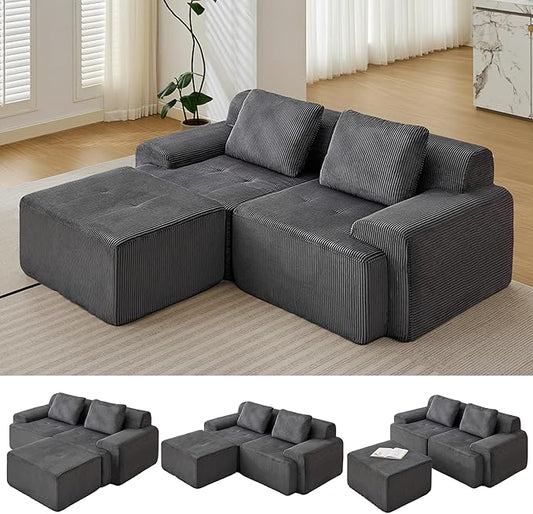 Modular Sectional Sofa, Boneless Couches for Living Room, Corduroy Couch, Big Comfy Couch, Modular Cloud Sofa with Deep Seat (Grey, 3 Pieces-L Shape)