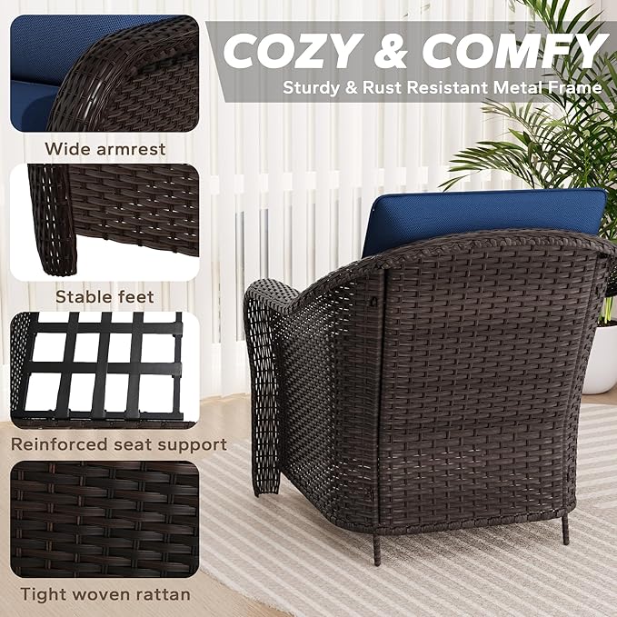 5 PCS Outdoor Conversation Set | 55" Couch, 2 Chairs, 2 Ottomans, Patio Wicker Conversation Furniture with Removable Cushions for Bistro, Deck, Sunroom (Navy Blue)