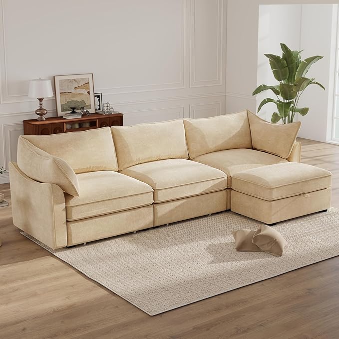 Rovibek 112” L Shaped Couch with Storage, Chenille Sofas for Living Room, Sectional Couch with Pull Out Drawer & Throw Pillows & Storage Ottoman, Wheat