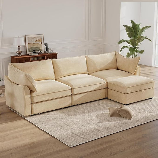 Rovibek 112” L Shaped Couch with Storage, Chenille Sofas for Living Room, Sectional Couch with Pull Out Drawer & Throw Pillows & Storage Ottoman, Wheat
