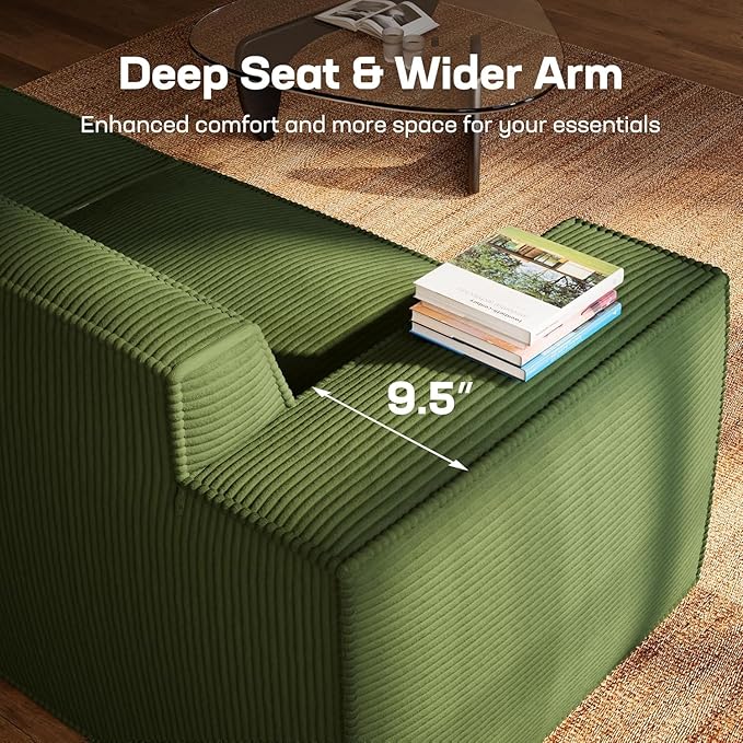 Marsail 111' Modular Sectional Sofa, L-Shape Corduroy Cloud Couch with Deep Seat, Freely Combinable Boneless Sofa for Living Room, No Assembly Required, Dark Green