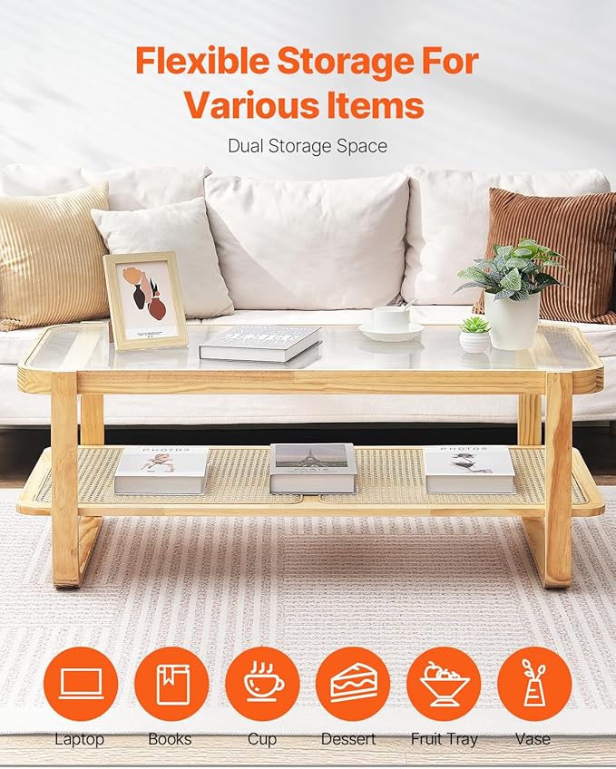 VEVOR Rattan Coffee Table, Rectangle Rattan Woven Wood Coffee Table with Tempered Glass Top, 45-Inch Modern Boho Storage Coffee Table with Natural Wood Legs, for Living Room, Bedroom & Small Spaces