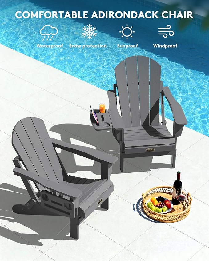SERWALL Folding Adirondack Chair Set of 4, Outdoor Adirondack Chairs with 4 in 1 Cup Holder, Wood Texture Patio Chairs, Weather Resistant Fire Pit Chairs for Patio Deck Garden, Backyard Deck - Gray - Image 9