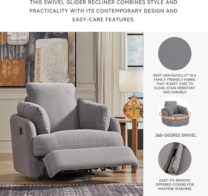 Signature Design by Ashley Modmax Contemporary Swivel Glider Recliner, Press-Back Reclining, Cleanable & Durable Performance Fabric, 21" Seat Height, Gray