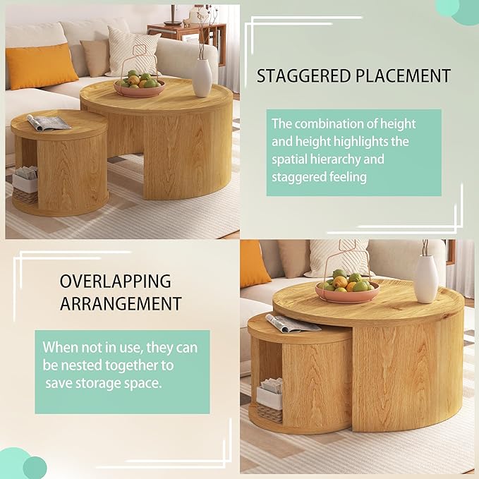 Round Nesting Coffee Table Set of 2, Mid Century Modern Circle Coffee Table, 31.5"&18" Wooden Circle Accent Tables with Wood Top, Minimalist Center Table, Space-Saving Side Table Set for Living Room