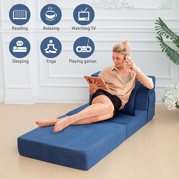 Folding Sofa Bed Chair with Pillow,Convertible Fold Out Chair Bed Sleeper,Foam Floor Mattress, Foldable Futon Couch Bed for Living Room/Dorm/Guest/Office (Blue, Single)