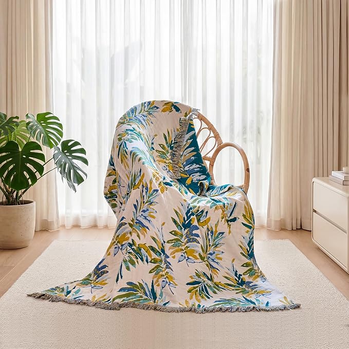 Boho Throw Blanket - 100% Cotton Throw Blankets for Bed Couch, 60"x80" Soft Muslin Lightweight Spring Throw Blanket, Cozy Plant Printed Bohemain Bedding Decor Green Throw Quilt