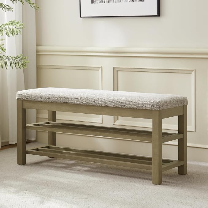 VKNOW Entryway Bench, 44.3” Upholstered Shoe Storage Bench for Bedroom, 2-Tier Storage End of Bed Bench with Rubberwood Legs for Living Room, Hallway, Brown - Image 8