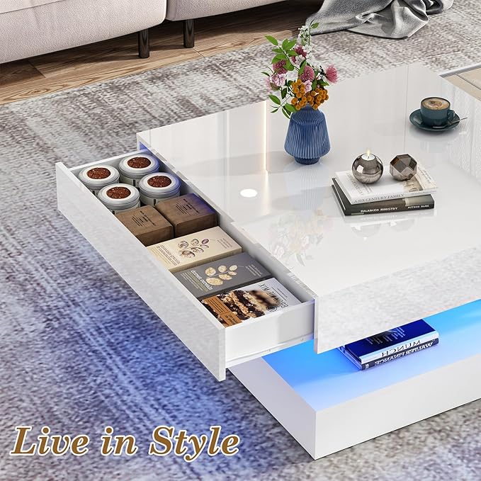 33.9" LED Coffee Table with Storage, Modern High Glossy Living Room Table w/2 Drawers,Double-Layer Design Large Square Center Table for Living Room, Home, Office, White