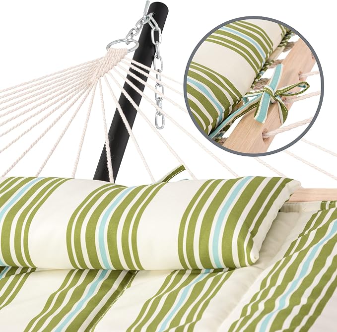 SUNCREAT Cotton Rope Hammock for Two People with Hardwood Spreader Bars, Quilted Fabric Pad & Detachable Pillow, Extra Large Hammock with 12 FT Steel Stand, Ipad Bag & Cup Holder, Green&Beige - Image 4