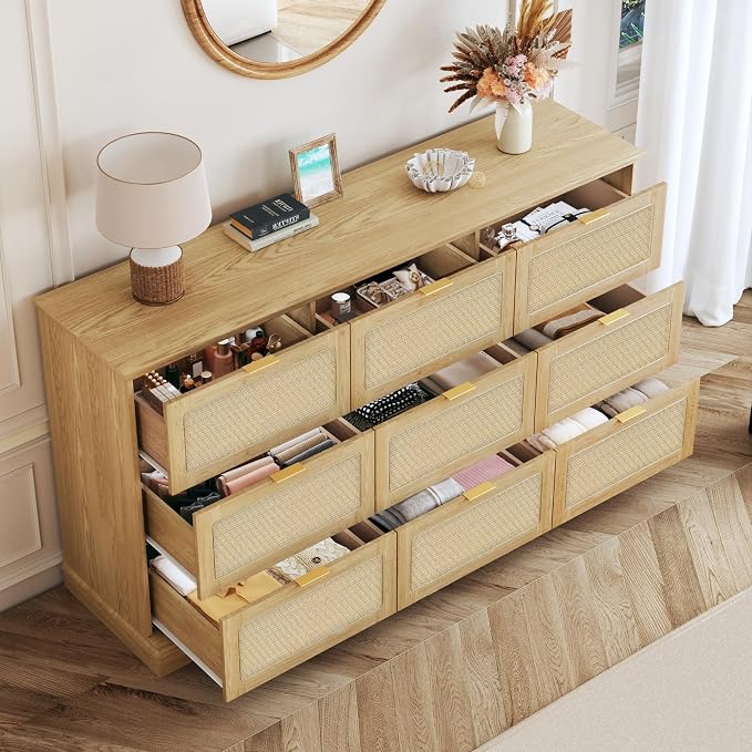 HUAHUU 9 Drawer Dresser for Bedroom, 60 Inch Long Dressers & Rattan Chest of Drawers, Large TV Stand for 55, 65, 70 Inch TV, Boho Style, Modern Dresser for, Living Room, Entryway, Bedroom, Natural Oak - Image 5