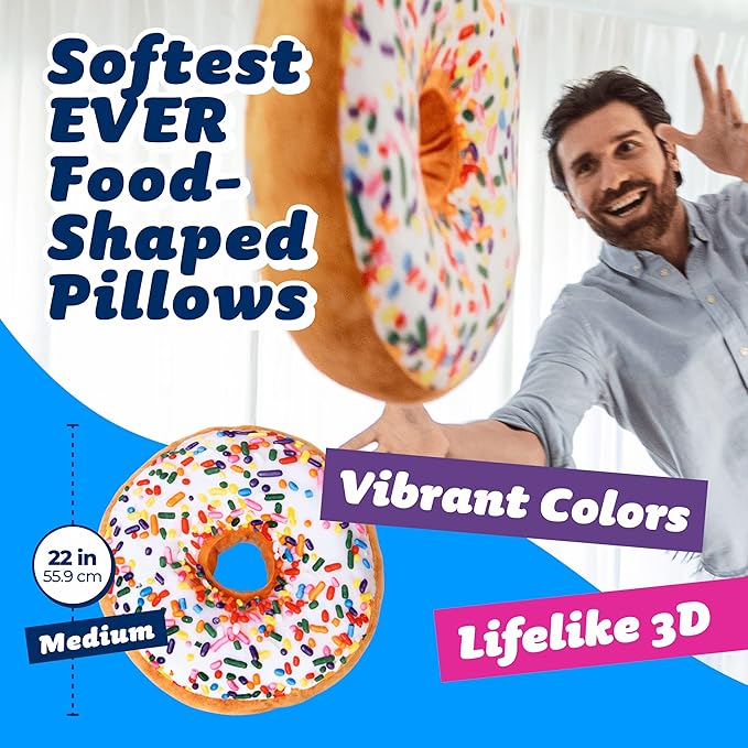 Much Comfort 22" 3D Sprinkle Donut Throw Pillow - Made with Super Soft & Ultra Premium Fabric - Cute, Comfortable, Plush Stuffed Doughnut Cake Cushion for Home Decor - Best Funny or Teen Gift - Medium