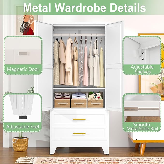 Ckzbx 71" H Metal Armoire Wardrobe Closet with Mirror, Adjustable Shelves, Clothes Drying Pole, Steel Wardrobe Cabinet for Bedroom (2 Drawers White)