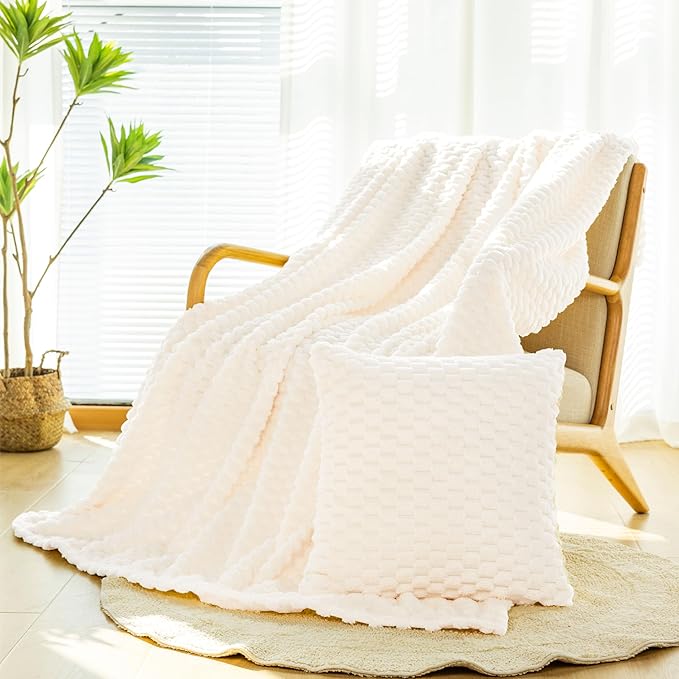 Bnuitland Flannel Throw Blanket, 300 GSM Fleece Cozy Warm Soft Home Decor Lightweight Bed Sofa Blanket for Adults, Suitable for All Seasons(Ivory,50X71 inches with Pillow Cover)