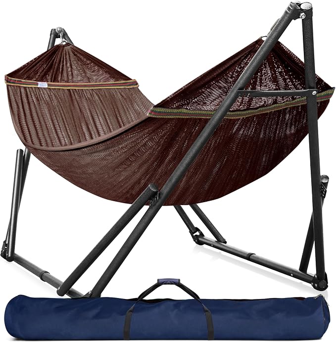 Tranquillo Universal Double Hammock with Stand Included for 2 Persons/Foldable Hammock Stand 600 lbs Capacity Portable Case - Inhouse, Outdoor, Camping, Brown by Tranquillo