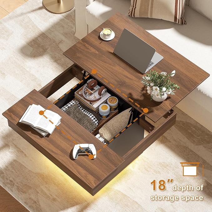 FABATO Lift Top Coffee Table with Charging Station, Led Coffee Table for Living Room, Farmhouse Center Table with Hidden Storage, Square Lift-Up Center Table for Home Office, Reception Room, White