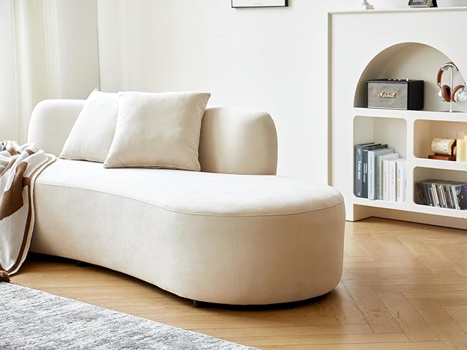 90" Curved Sofa with Throw Pillows, 4 Seater Luxury Velvet Couch with Half Moon Design and High-Density Foam, Ideal for Modern Living Room, Office & Apartment, Ivory White